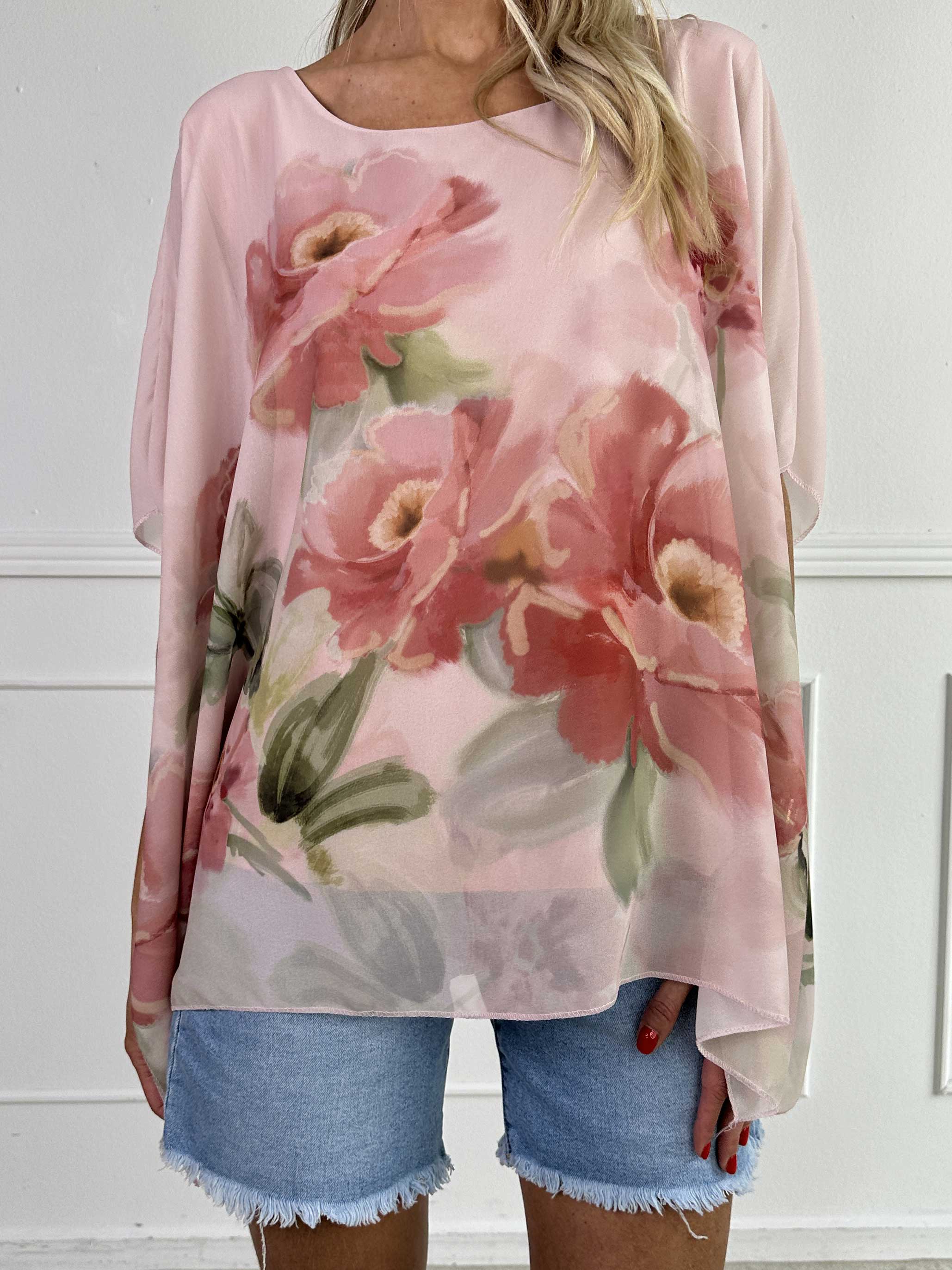 Mirabella Shirt - Sød tunika med løst chiffonlag med blomstermotiver